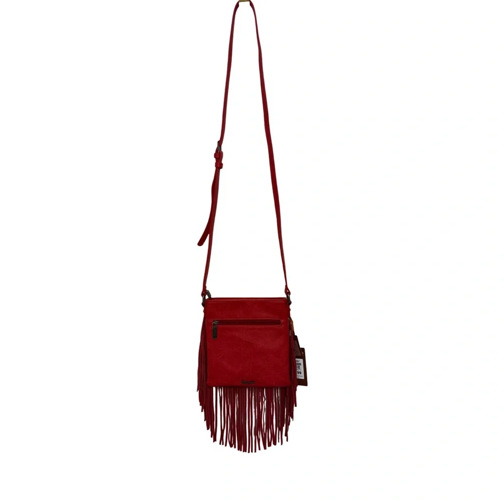Wrangler Leather Fringe Denim Red Crossbody Bag - Picture 10 of 15